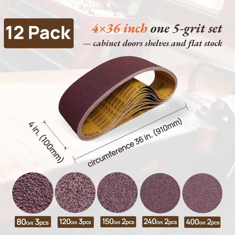KTHUA Sanding Belts 4x36 Inch: 12-Pack 80–400 Grit — Heat-Resistant Resin Bond & X-Weight Backing — for Heavy-Duty Stock Removal in Woodworking — Fit 4 × 36 Benchtop Belt Sanders - Image 2